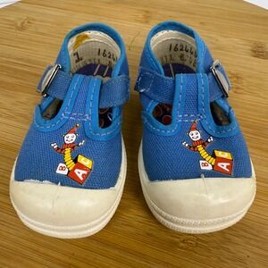Vintage Kids Blue Canvas T-Strap‎ Shoes Clown ABC Blocks Toddler Size 1